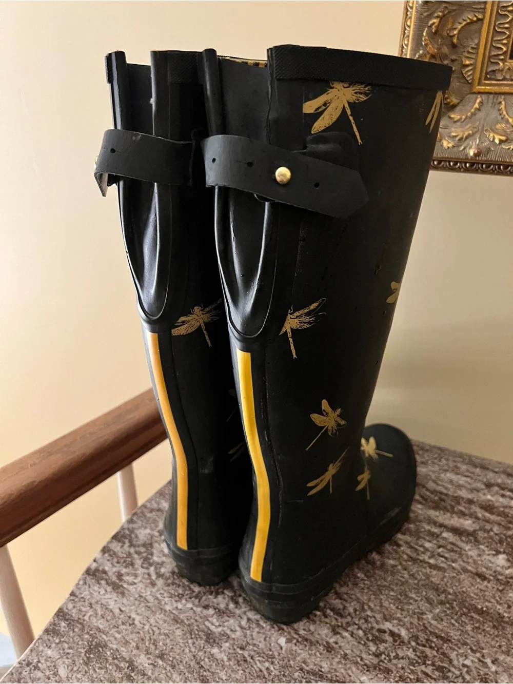 Joules Women’s Welly Black Rain boots with Gold Dragonflies size 9